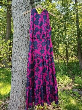 Sam Edelman Sz 8 Pink Navy High-Neck Dress Tie-Back Satin Midi Sleeveless Flower